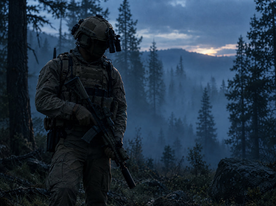 Special operations soldier in plate carrier in a misty forest