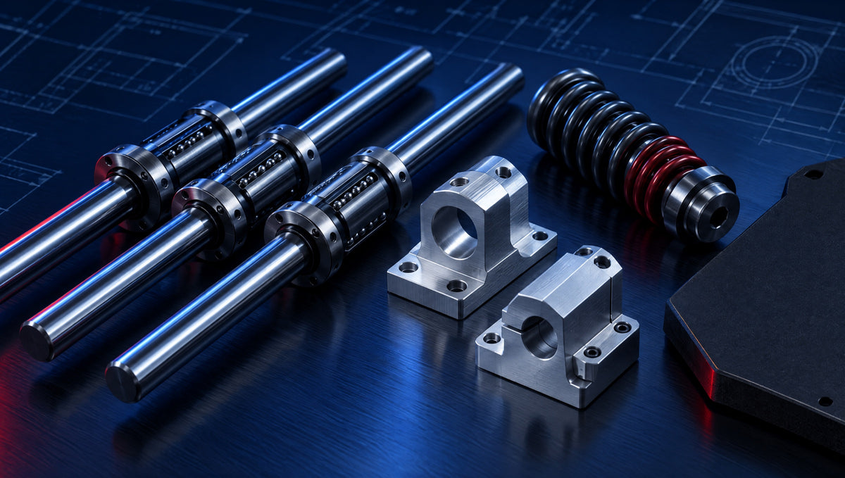 Precision linear guide rods, bearings and dual-rate spring