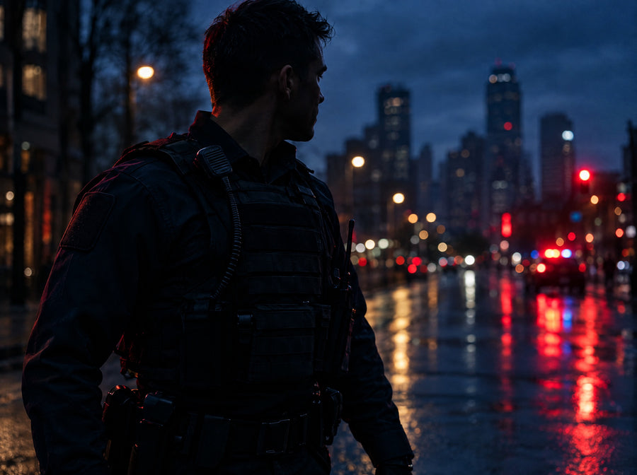 Police officer in ballistic vest on a city street at dusk