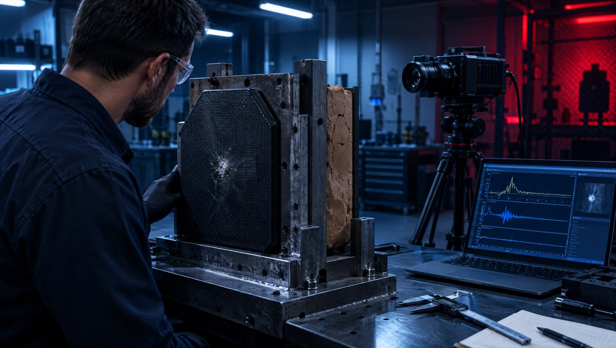Engineer inspecting an armor plate in a ballistic testing lab